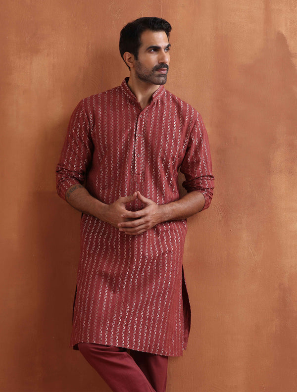 trueBrowns Men's Rust Cotton Dobby Kurta