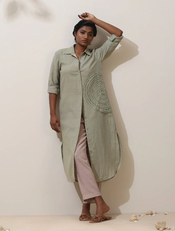 trueBrowns Fern Green Crochet Natural Cotton Kurta Pant Set