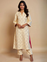 trueBrowns Ivory Brocade Straight High-Slit Kurta Set