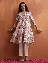 trueBrowns Off White Ikat Print Anarkali Kurta Co-ord Set