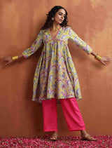 trueBrowns Yellow Print Anarkali Kurta Co-ord Set