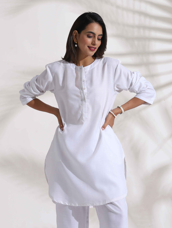 trueBrowns White Slub Kurta Co-ord Set
