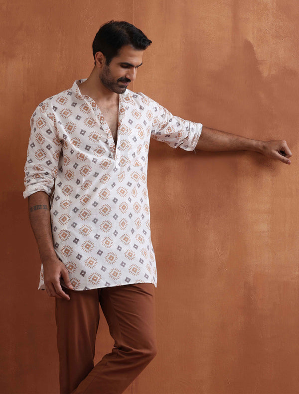 trueBrowns Men's Ivory Printed Short Kurta