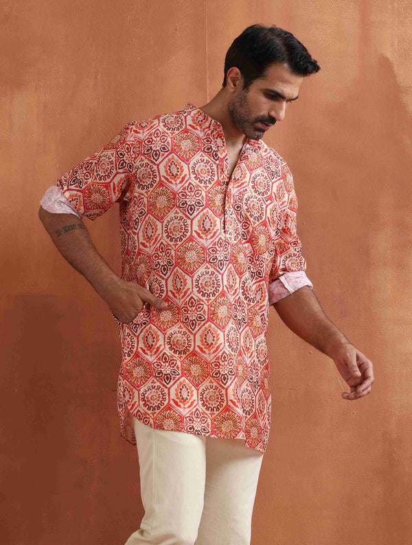 trueBrowns Men's Beige Printed Short Kurta