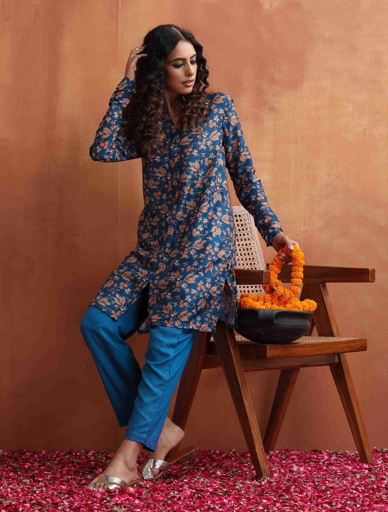 trueBrowns Blue Print Kurta Co-ord Set