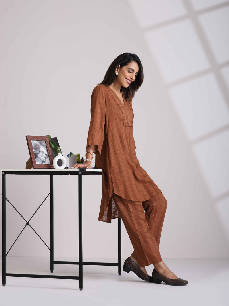trueBrowns Brown Cotton Dobby Kurta Co-ord set