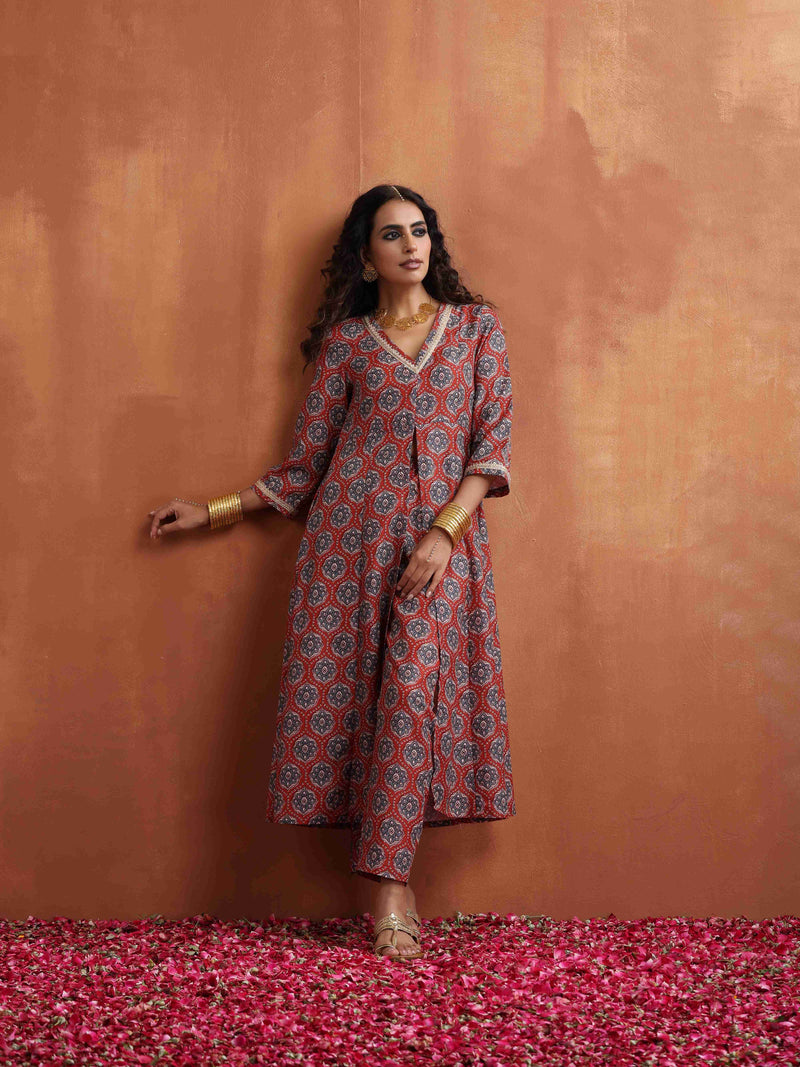 trueBrowns Rust Ajrak Print Slit Kurta Set