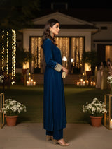 trueBrowns Blue Velvet Straight High-Slit Kurta