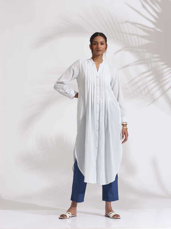 trueBrowns White Cotton Stripe Pleated Shirt Kurta Set