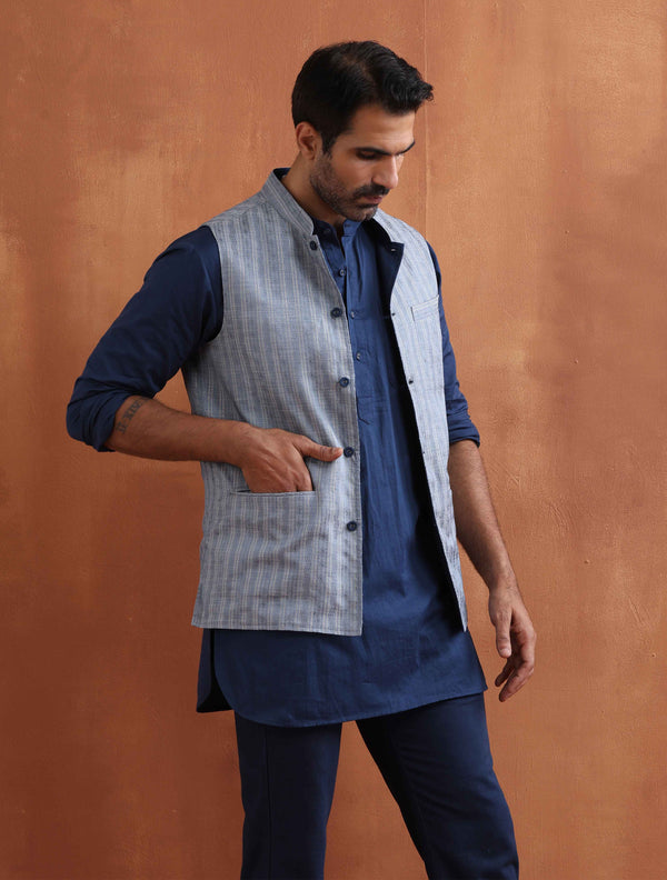 trueBrowns Men's Blue Chanderi Reversible Nehru Jacket