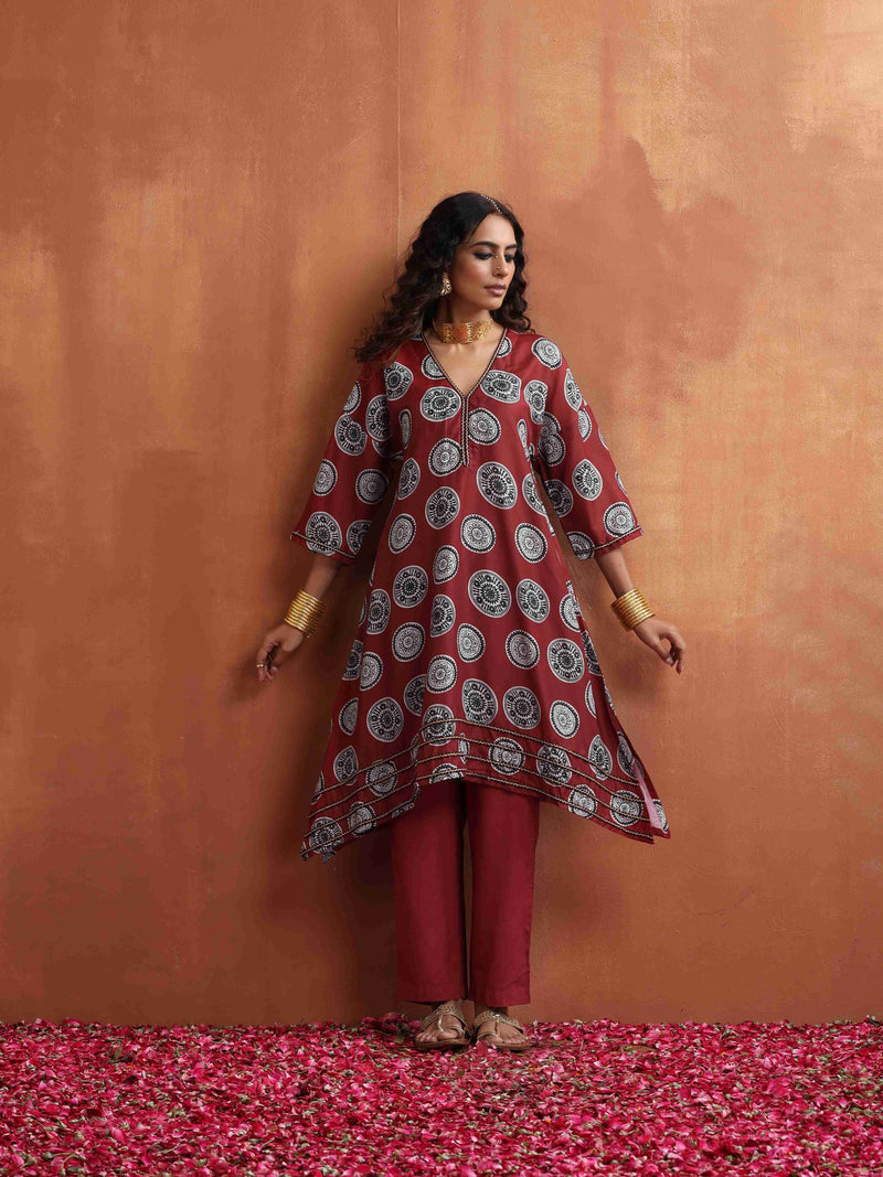 trueBrowns Maroon Print A-line Kurta Co-ord Set