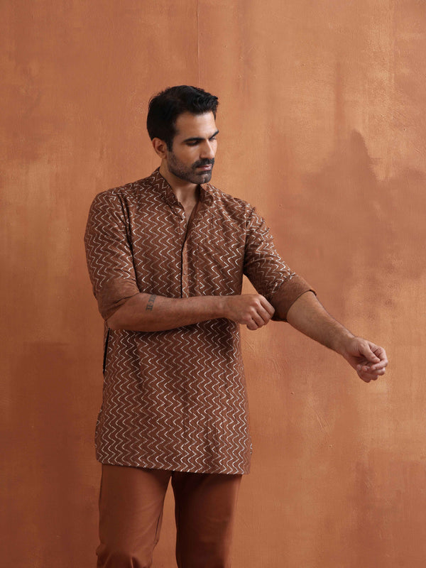 trueBrowns Men's Brown Cotton Dobby Short Kurta