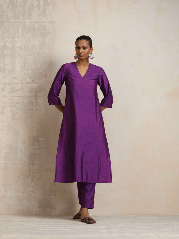 trueBrowns Purple Silk High Slit Kurta Set