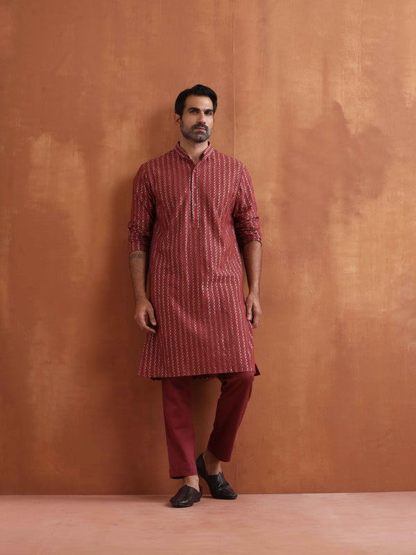 trueBrowns Men's Rust Cotton Dobby Kurta