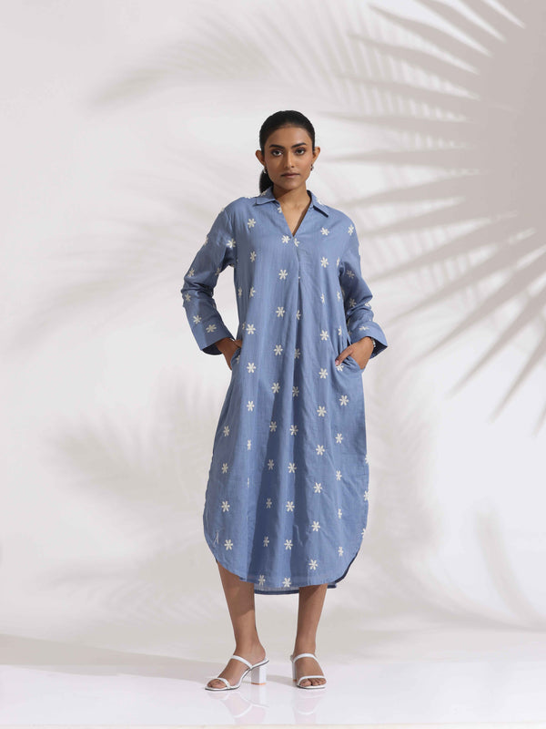 trueBrowns Blue Cotton Floral Embroidered Dress