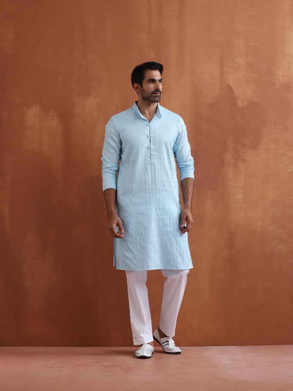 trueBrowns Men's Blue Sequin Chanderi Kurta