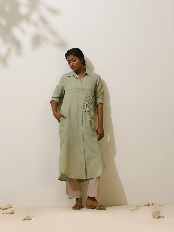 trueBrowns Fern Green Crochet Natural Cotton Kurta Pant Set