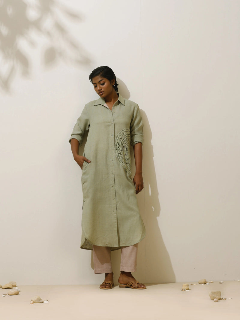 trueBrowns Fern Green Crochet Natural Cotton Kurta Pant Set