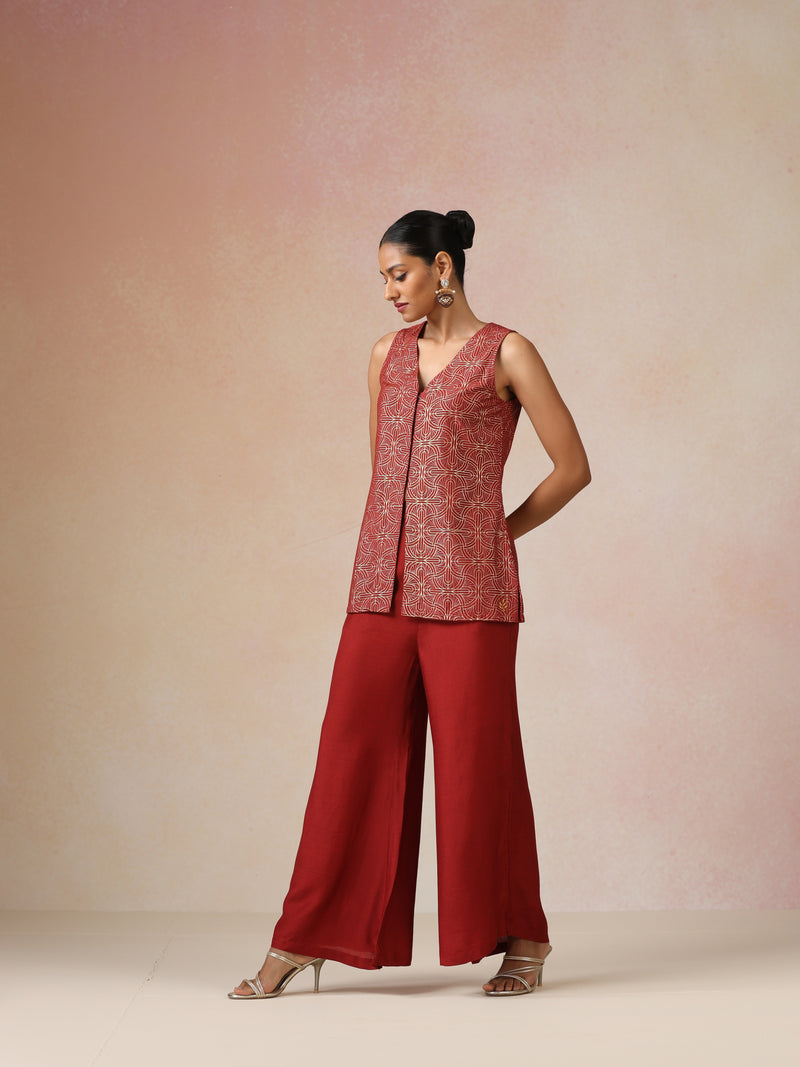 trueBrowns Red Gold Foil Print Jacket and Flared Pants Co-ord Set