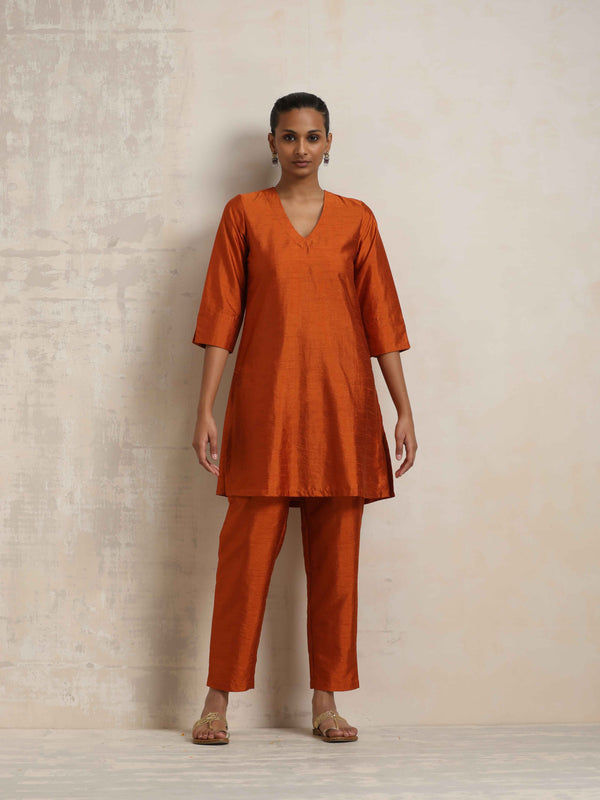 trueBrowns Orange Silk Kurta Co-ord Set