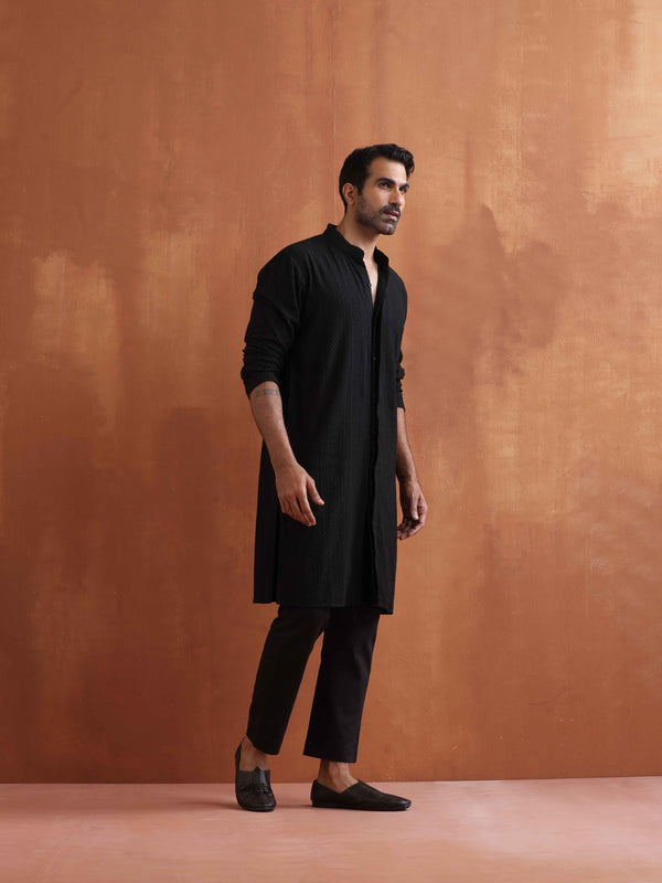 trueBrowns Men's Black Textured Cotton Dobby Front Open Kurta