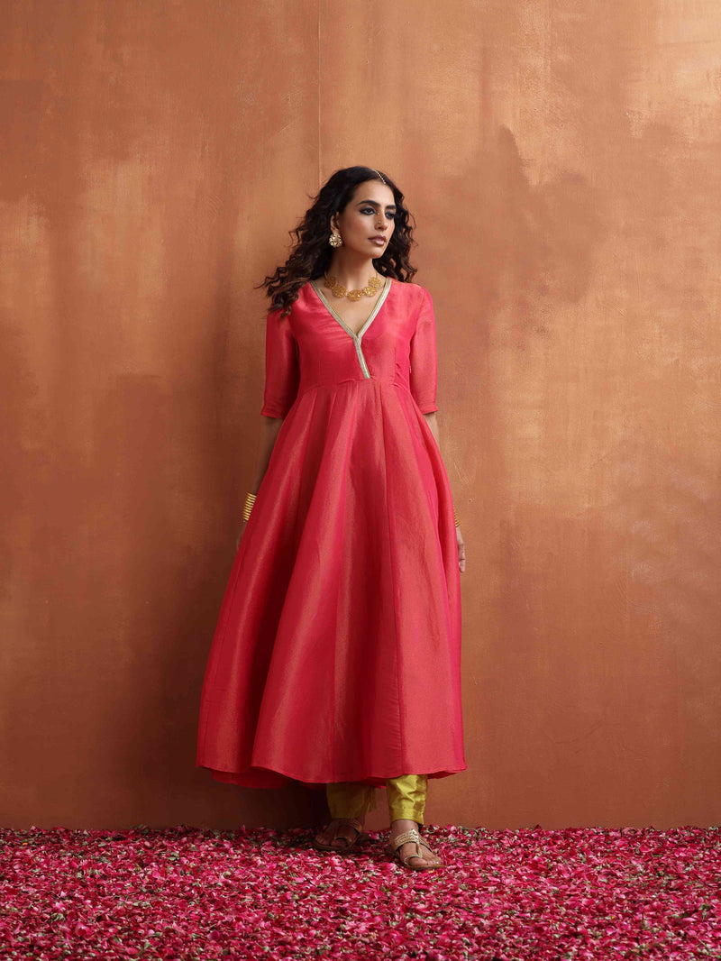 trueBrowns Hot Pink Tissue Flared Anarkali Kurta Set