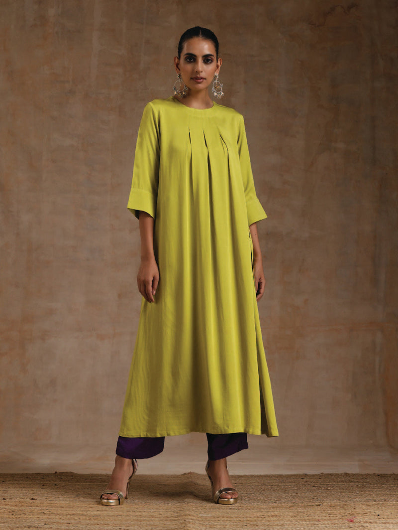 Lime Modal Satin Neck Pleat Kurta Set