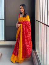 trueBrowns Red Kota Bandhani Saree With Unstitched Blouse