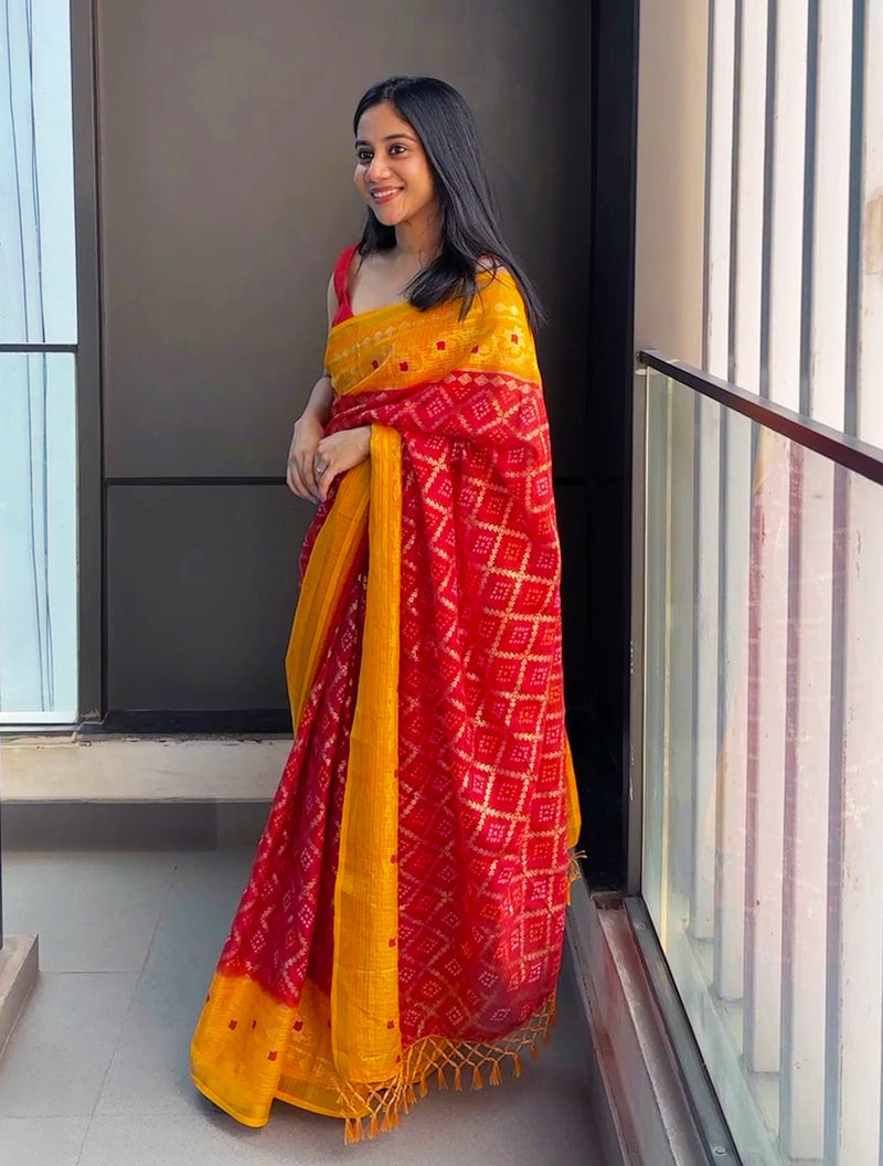 trueBrowns Red Kota Bandhani Saree With Unstitched Blouse