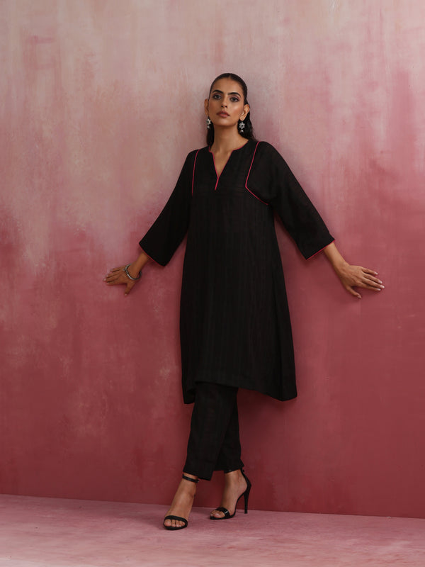 trueBrowns Black Cotton Dobby Kurta Co-ord set