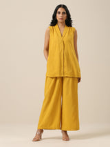 Mustard Yellow Slub Texture Sleevesless Jacket Pant Set