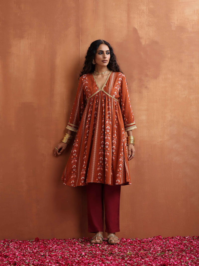 trueBrowns Orange Print Anarkali Kurta Co-ord Set