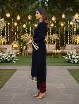 trueBrowns Navy Velvet High-Slit Kurta