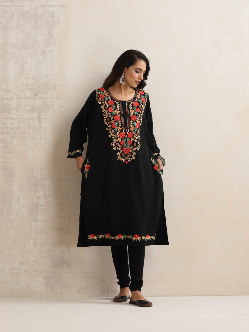 trueBrowns Black Kashmiri Embroidered Woollen Phiran Kurta