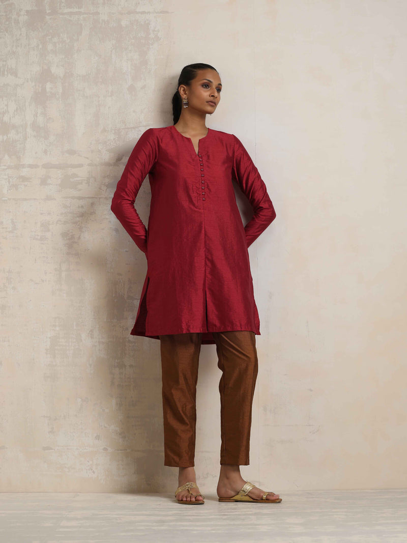 trueBrowns Red Silk Kurta Co-ord Set