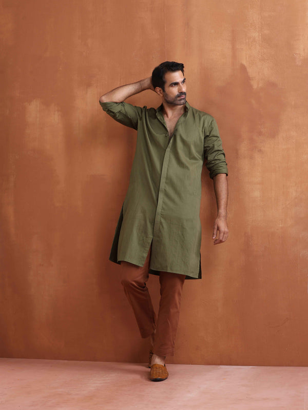 trueBrowns Men's Olive Green Cotton Front Open Kurta