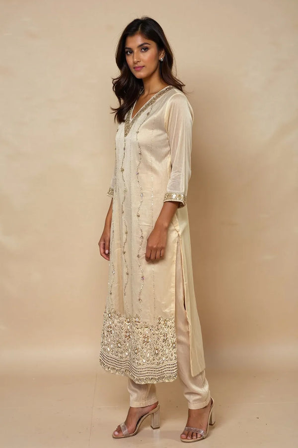 trueBrowns Ivory Zari Embroidered Straight Kurta Pant Dupatta Set