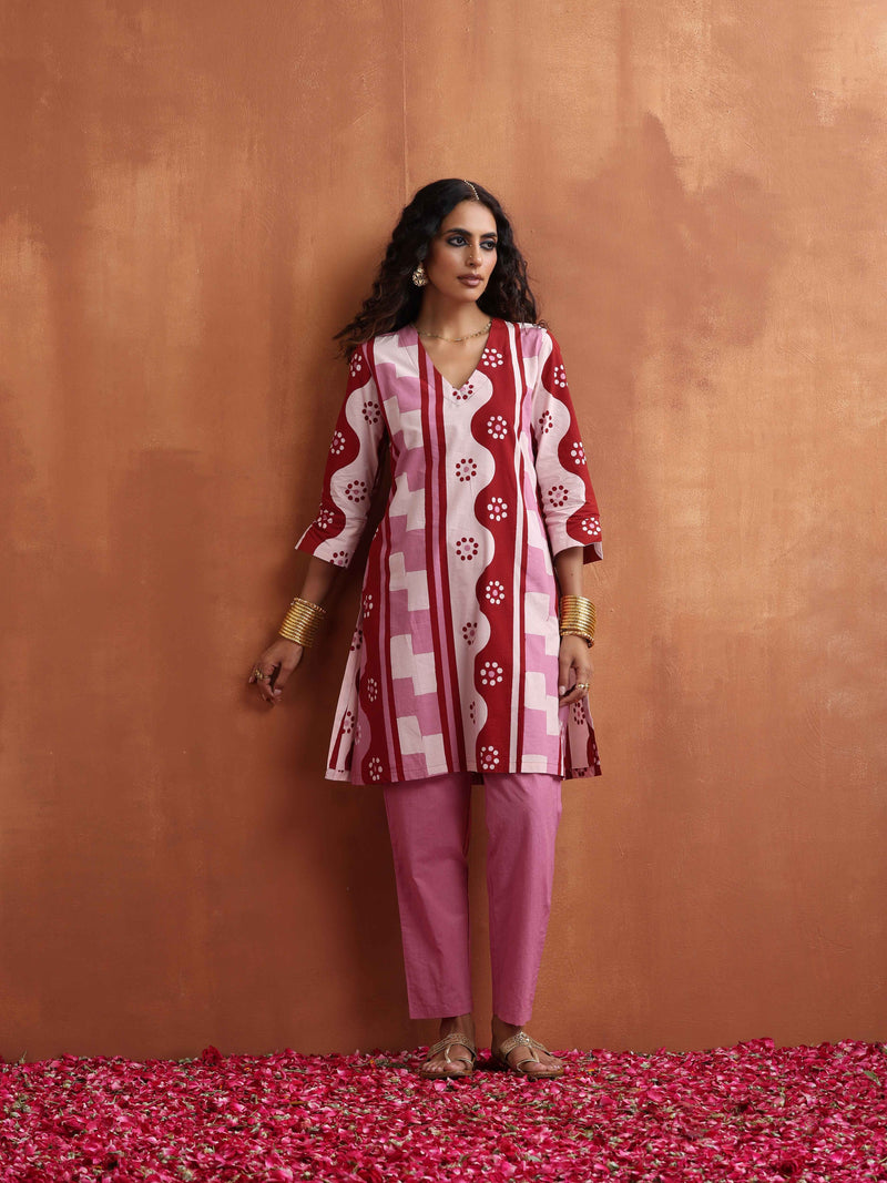 trueBrowns Pink Geometric Print Kurta Co-ord Set