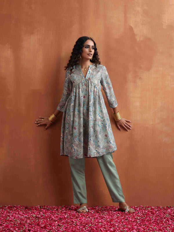 trueBrowns Green Print Flared Kurta Co-ord Set