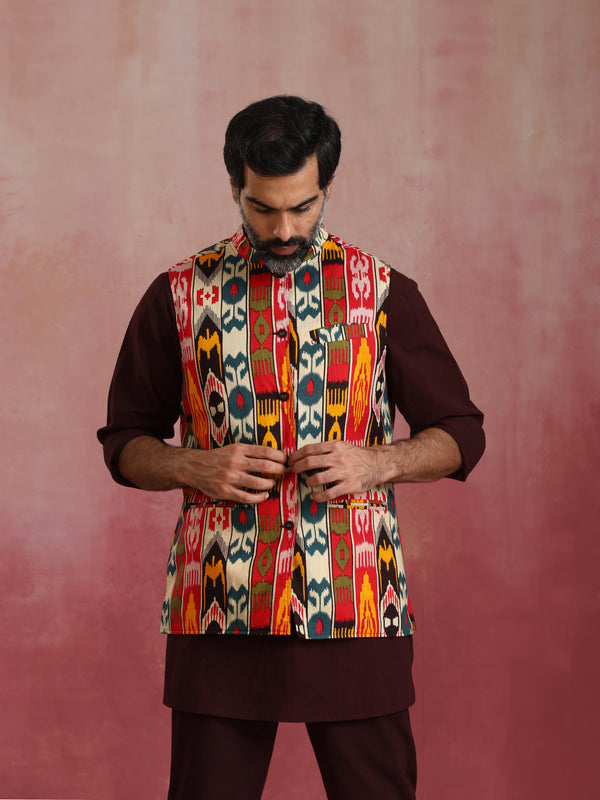 trueBrowns Men's Cola Ikat Reversible Nehru Jacket