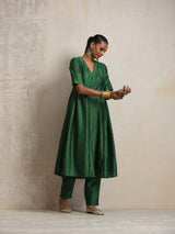 trueBrowns Dark Green Silk Arkali Flared Kurta Set