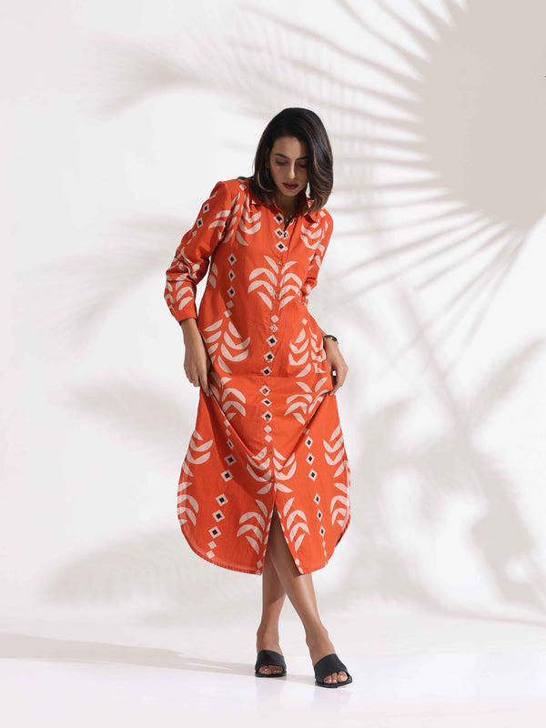 trueBrowns Orange Cotton Print Shirt Dress