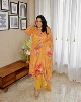 trueBrowns Yellow Floral V-Neck Emb Straight Kurta Pant Dupatta Set
