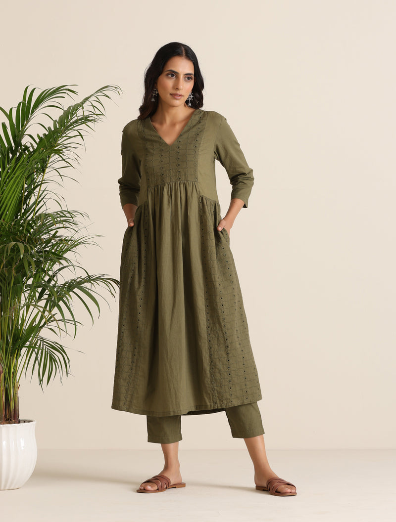 trueBrowns Olive Cotton Cutwork Embroidered Kurta Set