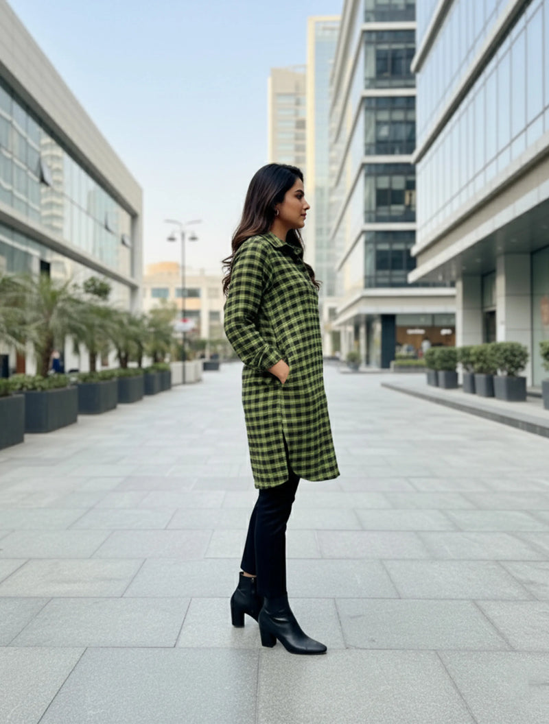 trueBrowns Green Black Check Short Kurta