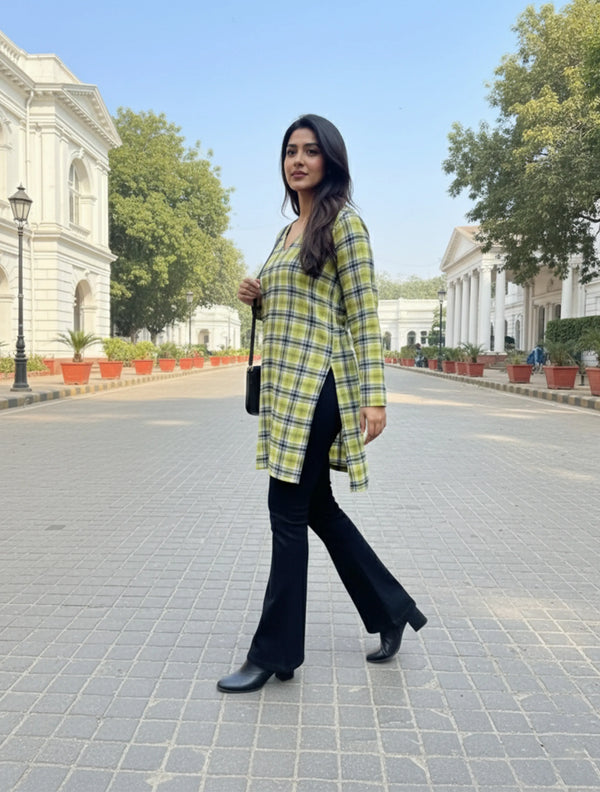 trueBrowns Lime Check High Slit Kurta
