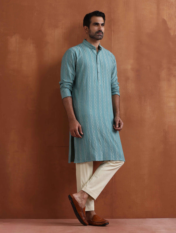 trueBrowns Men's Green Textured Cotton Dobby Kurta