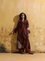trueBrowns Cola Rust Red Floral Print Muslin Silk Straight Kurta Set