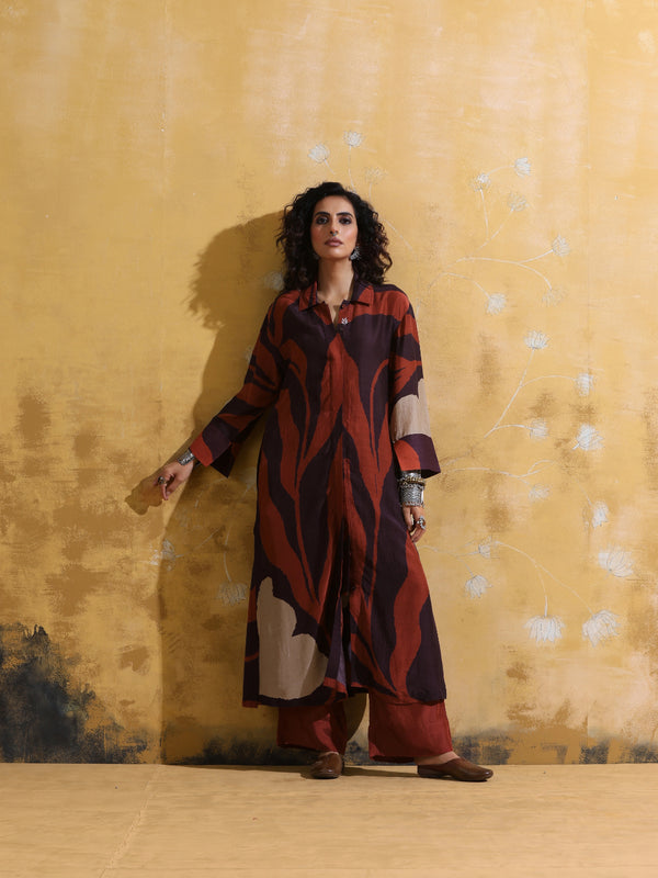 trueBrowns Cola Rust Red Floral Print Muslin Silk Straight Kurta Set