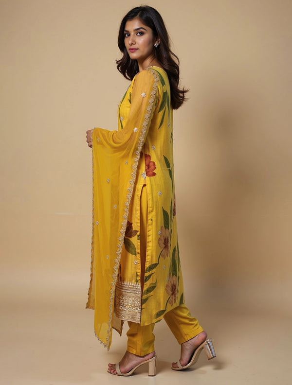 trueBrowns Mustard Floral Print Straight Kurta Pant Dupatta Set